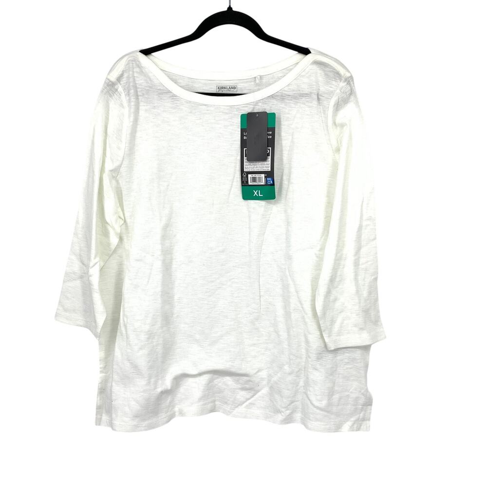 Kirkland Signature 3/4 Sleeve Boatneck T-Shirt Womens Sz XL White Slub Knit NEW